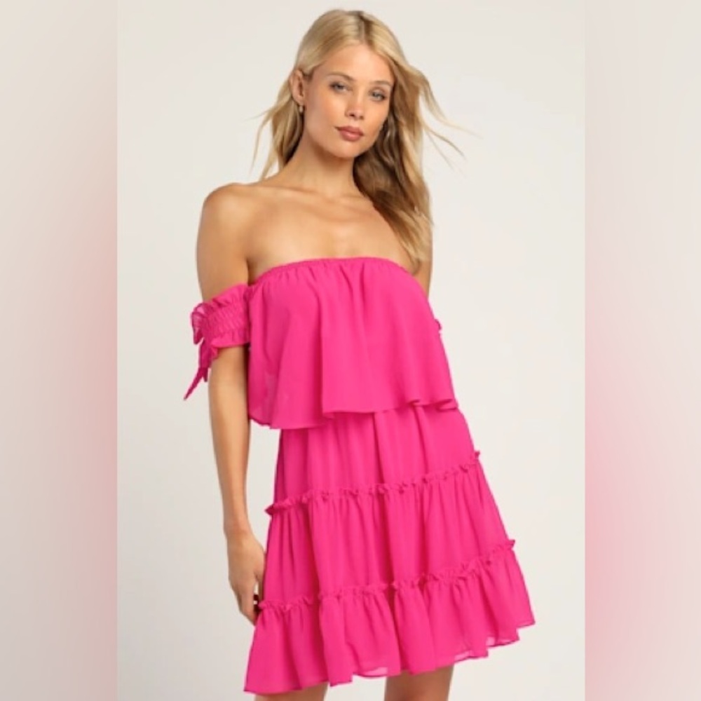 Lulu’s Tiers to my Heart Hot Pink Off the Shoulder Ruffle Mini Dress Large NWT